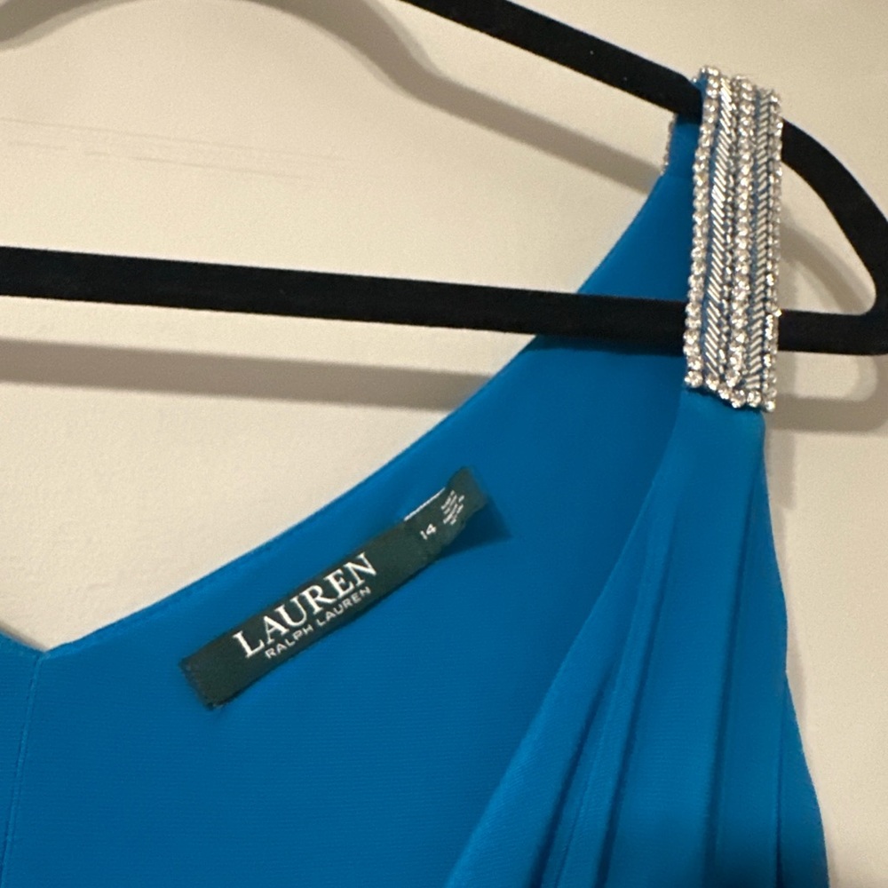 Lauren Ralph Lauren Evening Gown Teal Blue Draped Jeweled Strap Dress size 14 - Picture 5 of 6